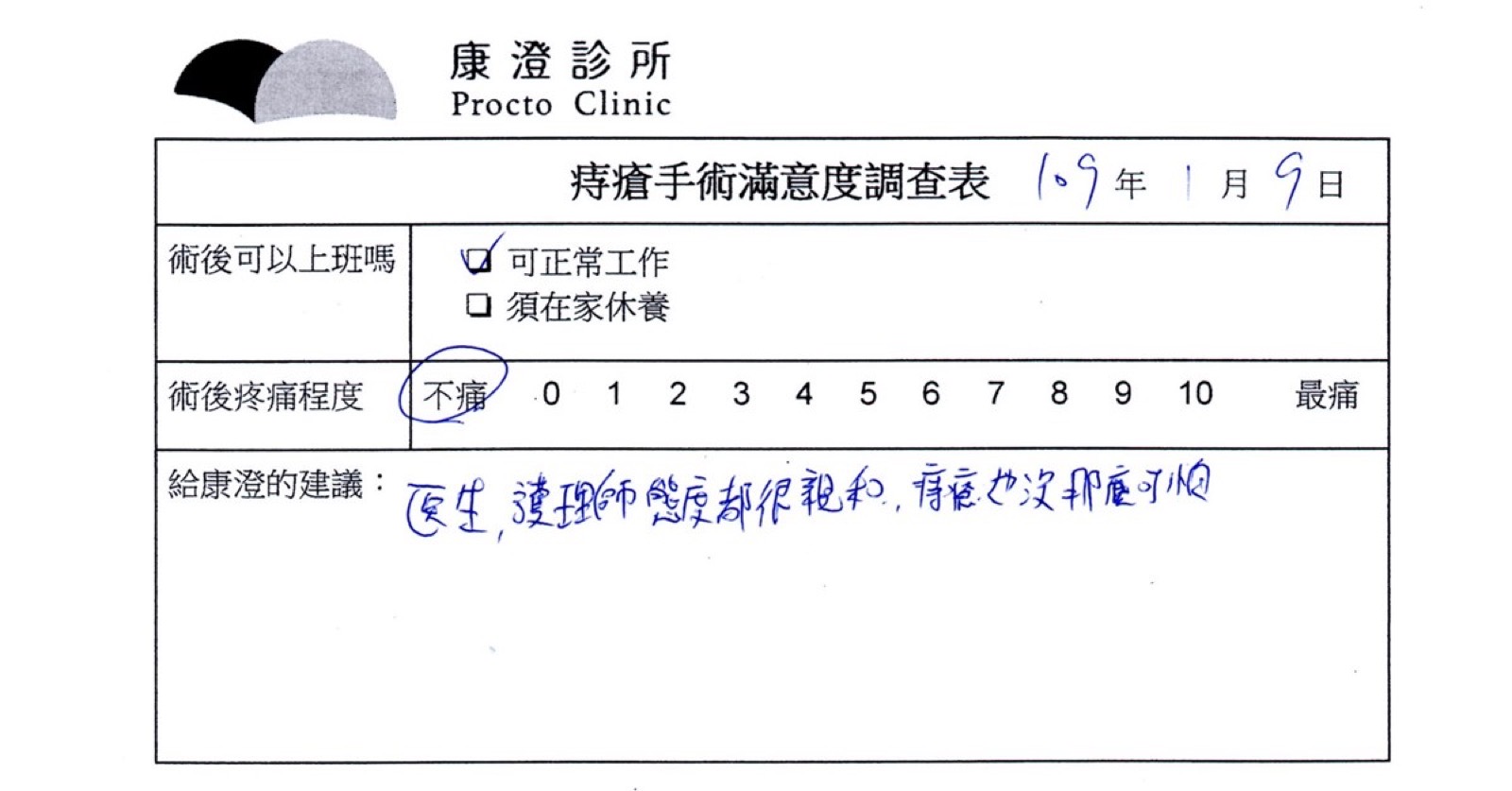 手寫的痔瘡手術滿意度調查表，含 0 到 10 的疼痛量表